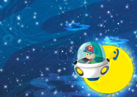 Foto de Dibujos animados divertido colorido escena de cosmos galáctica alienígena ufo nave espacial ilustración para niños - Imagen libre de derechos