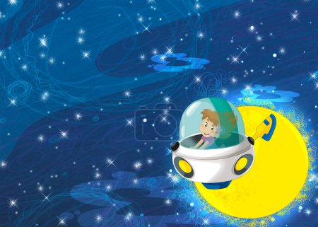 Téléchargez les photos : Dessin animé drôle scène colorée de cosmos galactique extraterrestre ufo vaisseau spatial illustration pour enfants - en image libre de droit