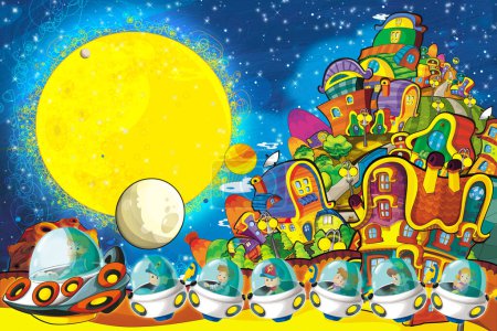 Photo for Cartoon funny colorful scene of cosmos galactic alien ufo space illustration for children - Royalty Free Image