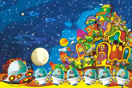 Téléchargez les photos : Dessin animé drôle scène colorée de cosmos galactique alien ufo espace illustration pour les enfants - en image libre de droit