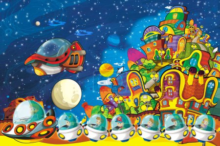 Foto de Dibujos animados divertido colorido escena de cosmos galáctica alienígena ufo nave espacial ilustración para niños - Imagen libre de derechos