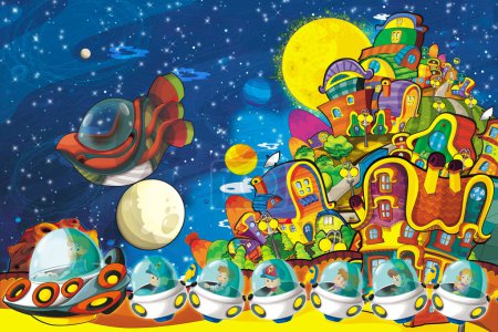 Téléchargez les photos : Dessin animé drôle scène colorée de cosmos galactique extraterrestre ufo vaisseau spatial illustration pour enfants - en image libre de droit