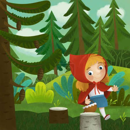 Téléchargez les photos : Scène de dessin animé avec jeune fille princesse dans la forêt sauvage illustration pour les enfants - en image libre de droit