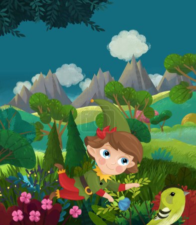 Téléchargez les photos : Dessin animé heureuse scène de conte de fées avec forêt naturelle et illustration elfe drôle pour les enfants - en image libre de droit