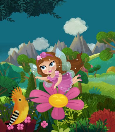 Foto de Dibujos animados feliz cuento de hadas escena con bosque natural y divertido elfo ilustración para niños - Imagen libre de derechos