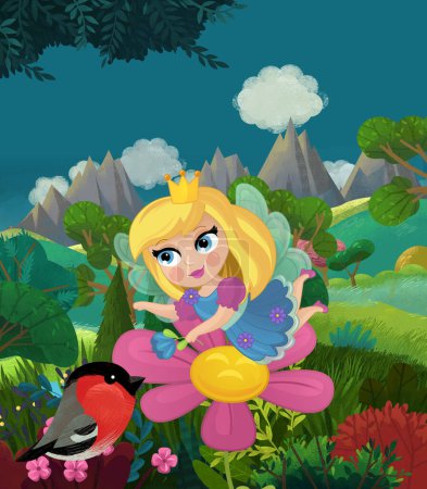 Téléchargez les photos : Dessin animé heureuse scène de conte de fées avec forêt naturelle et illustration elfe drôle pour les enfants - en image libre de droit