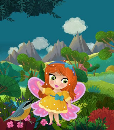 Photo for Cartoon happy fairy tale scene with nature forest and funny elf illustration for children - Royalty Free Image