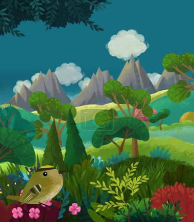 Foto de Dibujos animados feliz cuento de hadas escena con bosque natural y divertido elfo ilustración para niños - Imagen libre de derechos