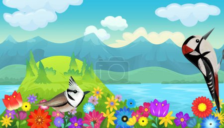 Foto de Dibujos animados feliz cuento de hadas escena con bosque natural y divertido pájaro en la ilustración del prado para los niños - Imagen libre de derechos
