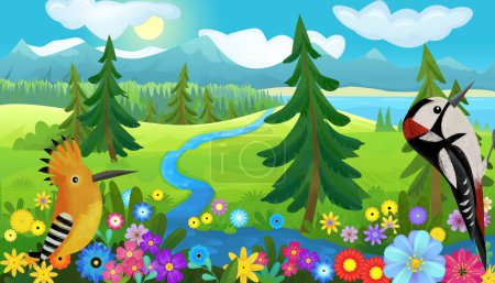 Photo for Cartoon happy fairy tale scene with nature forest and funny bird on meadow illustration for kids - Royalty Free Image