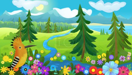 Téléchargez les photos : Dessin animé heureuse scène de conte de fées avec forêt naturelle et drôle d'oiseau sur prairie illustration pour les enfants - en image libre de droit