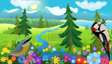 Foto de Dibujos animados feliz cuento de hadas escena con bosque natural y divertido pájaro en la ilustración del prado para los niños - Imagen libre de derechos