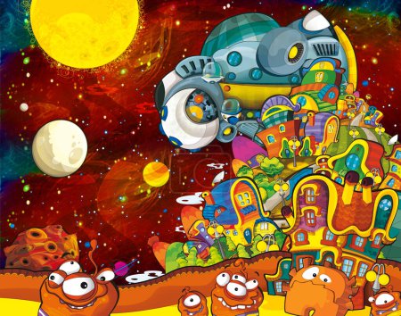 Foto de Dibujos animados divertido colorido escena de cosmos galáctica alienígena ufo aislado ilustración para niños - Imagen libre de derechos