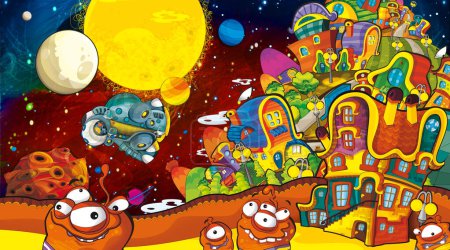 Photo for Cartoon funny colorful scene of cosmos galactic alien ufo isolated illustration for kids - Royalty Free Image