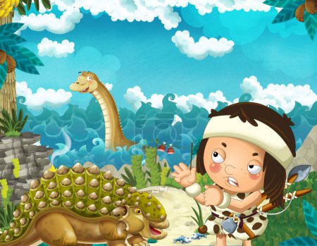 Foto de Escena de dibujos animados con cavernícola cerca de la orilla del mar mirando algunos diplodocus dinosaurios gigantes felices y divertidos u otro dinosaurio nadador - ilustración para niños - Imagen libre de derechos