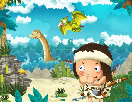Photo for Cartoon scene with caveman near the sea shore looking at some happy and funny giant dinosaur diplodocus or other swimming dinosaur - illustration for children - Royalty Free Image