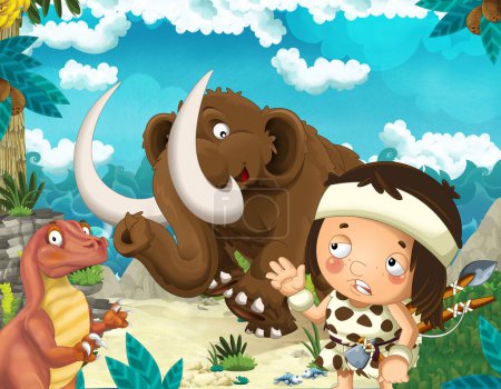 Foto de Escena de dibujos animados de playa cerca del mar o el océano con mamut animal prehistórico y cavernícola - ilustración para niños - Imagen libre de derechos