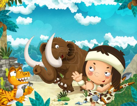 Foto de Escena de dibujos animados de playa cerca del mar o el océano con mamut animal prehistórico y cavernícola - ilustración para niños - Imagen libre de derechos