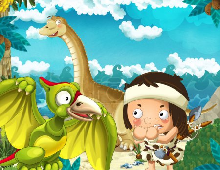 Photo for Cartoon scene with caveman near the sea shore looking at some happy and funny giant dinosaur diplodocus - illustration for children - Royalty Free Image