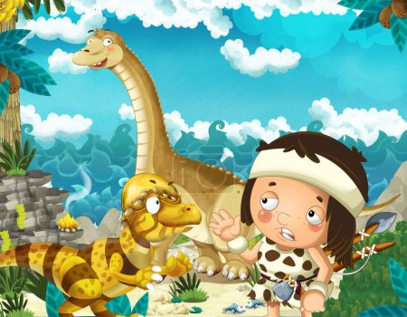 Foto de Escena de dibujos animados con cavernícola cerca de la orilla del mar mirando algunos diplodocus dinosaurios gigantes felices y divertidos - ilustración para niños - Imagen libre de derechos