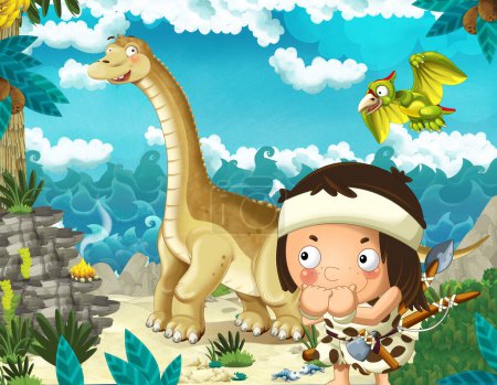 Photo for Cartoon scene with caveman near the sea shore looking at some happy and funny giant dinosaur diplodocus - illustration for children - Royalty Free Image