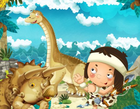 Foto de Escena de dibujos animados con cavernícola cerca de la orilla del mar mirando algunos diplodocus dinosaurios gigantes felices y divertidos - ilustración para niños - Imagen libre de derechos