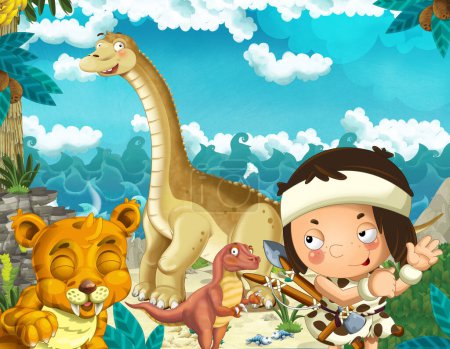 Foto de Escena de dibujos animados con cavernícola cerca de la orilla del mar mirando algunos diplodocus dinosaurio gigante feliz y divertido y tigre diente de sable - ilustración para los niños - Imagen libre de derechos