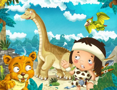 Photo for Cartoon scene with caveman near the sea shore looking at some happy and funny giant dinosaur diplodocus and sabre tooth tiger - illustration for children - Royalty Free Image