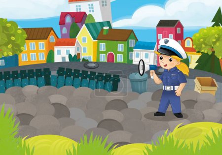 Photo for Cartoon scene with policeman girl in the city park in action illustration for kids - Royalty Free Image