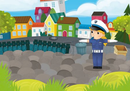 Photo for Cartoon scene with policeman girl in the city park in action illustration for kids - Royalty Free Image