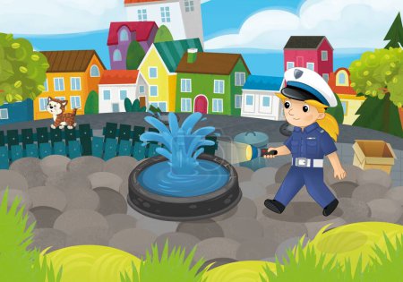 Téléchargez les photos : Scène de dessin animé avec policier fille dans le parc de la ville en action illustration pour les enfants - en image libre de droit
