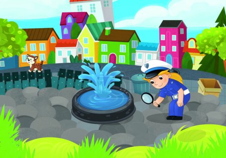 Téléchargez les photos : Scène de dessin animé avec policier fille dans le parc de la ville en action illustration pour les enfants - en image libre de droit