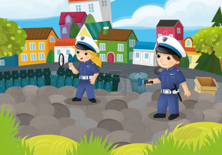 Photo for Cartoon scene with policemen girl and boy in the city park in action illustration for kids - Royalty Free Image