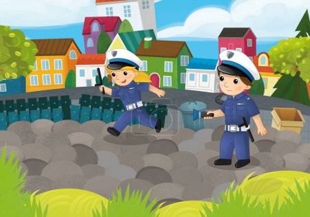 Photo for Cartoon scene with policemen girl and boy in the city park in action illustration for kids - Royalty Free Image