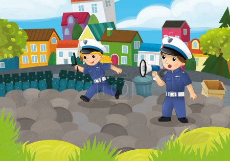 Téléchargez les photos : Scène de dessin animé avec des policiers fille et garçon dans le parc de la ville en action illustration pour les enfants - en image libre de droit
