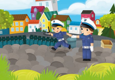 Foto de Escena de dibujos animados con policías niña y niño en el parque de la ciudad en acción ilustración para niños - Imagen libre de derechos