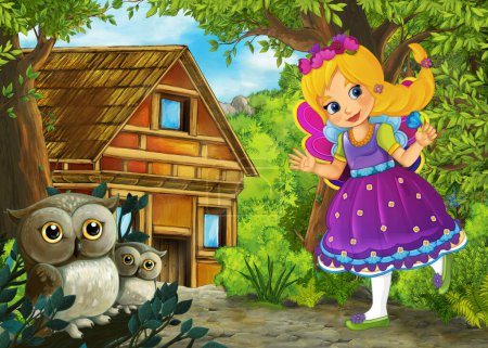 Photo for Cartoon scene with owls in the forest and path to farm ranch - illustration for children - Royalty Free Image