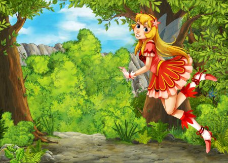 Foto de Escena de dibujos animados con montañas valle cerca del bosque con el príncipe y la princesa ilustración para los niños - Imagen libre de derechos