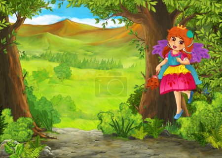 Photo for Cartoon nature scene near the forest with a path - illustration for the children - Royalty Free Image