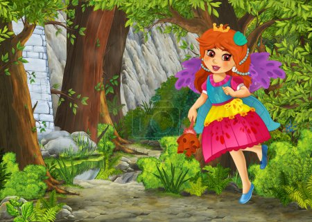 Téléchargez les photos : Dessin animé scène de nature avec beau château avec prince et princesse - illustration pour les enfants - en image libre de droit
