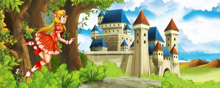 Téléchargez les photos : Dessin animé scène de nature avec beau château près de la forêt - illustration pour les enfants - en image libre de droit