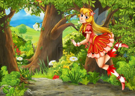 Foto de Escena de verano de dibujos animados con prado en el bosque con el príncipe y la princesa ilustración para niños - Imagen libre de derechos