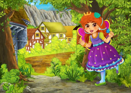 Foto de Dibujos animados escena de la naturaleza cerca del bosque con un camino - ilustración para los niños niños - Imagen libre de derechos