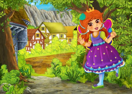 Foto de Escena de verano de dibujos animados con camino a la aldea de la granja con el príncipe y la princesa - nadie en la escena - ilustración para los niños - Imagen libre de derechos