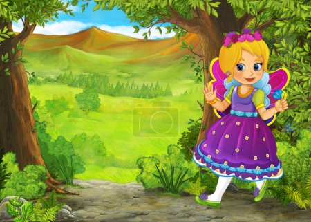 Téléchargez les photos : Dessin animé scène d'été avec prairie dans la forêt avec prince et princesse illustration pour enfants - en image libre de droit