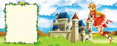 Foto de Dibujos animados escena de la naturaleza con hermoso castillo cerca del bosque con marco para el texto - portada - ilustración para los niños - Imagen libre de derechos