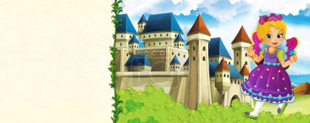 Téléchargez les photos : Dessin animé scène de nature avec beau château près de la forêt avec cadre pour le texte - page de titre - illustration pour les enfants - en image libre de droit