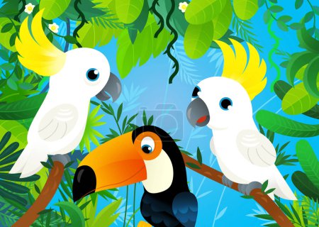 Téléchargez les photos : Scène de dessin animé avec jungle et animaux étant ensemble avec illustration d'oiseau tucan pour les enfants - en image libre de droit