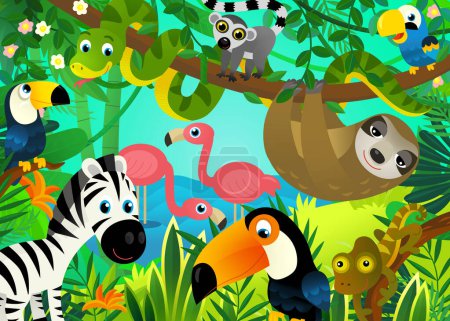 Foto de Escena de dibujos animados con la selva y los animales que están juntos con ilustración de aves de tucán para niños - Imagen libre de derechos