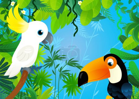 Téléchargez les photos : Scène de dessin animé avec jungle et animaux étant ensemble avec illustration d'oiseau tucan pour les enfants - en image libre de droit